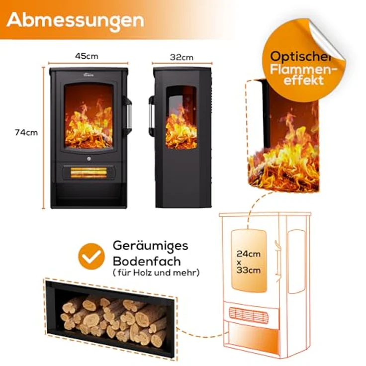 TroniTechnik Heizgerät Elektrokamin Kaminfeuer, LED Flammeneffekt elektrisch 1000/2000 Watt, 2000 W, Standkamin mit Heizung, Thermostat Panorama-Sichtfenster Heizfunktion – Bild 6