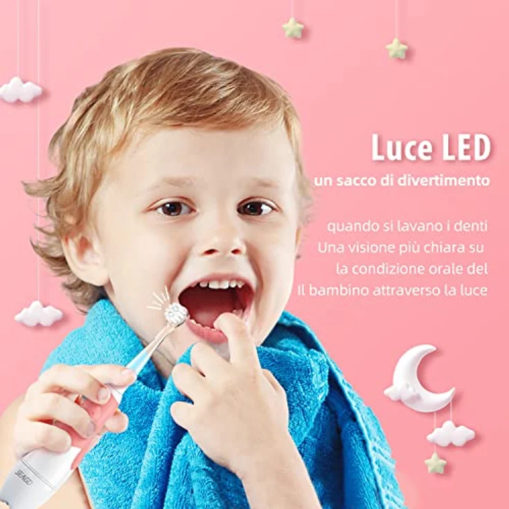 Seago SG-513 Elektrische Schall-Zahnbürste für Kinder von 0 bis 3 Jahren LED Licht Smart Timer Schall Babyzahnbürste Wasserdicht IPX7 Kinderzahnbürste (Schallzahnbürste + 4x Aufsteckbürsten, Rosa) – Bild 5