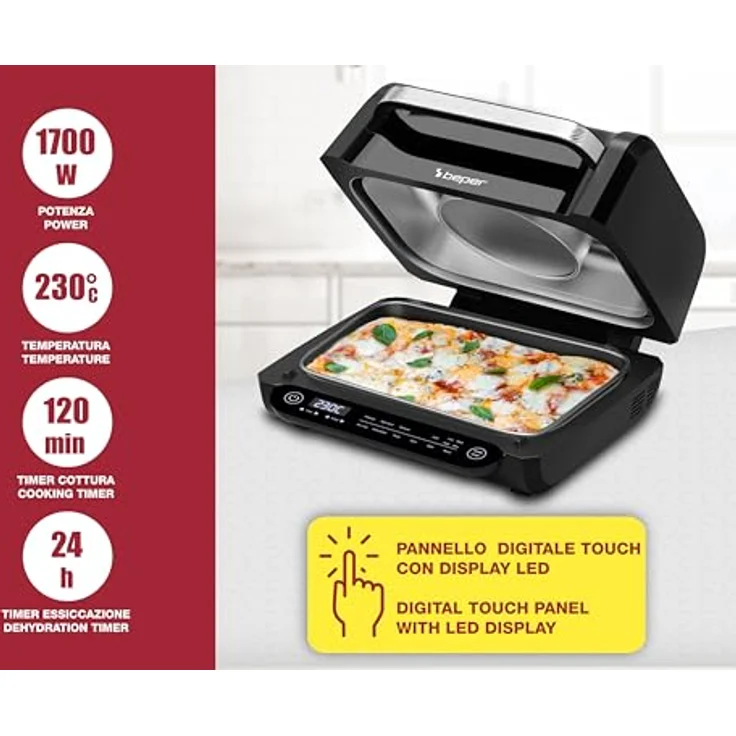 BEPER P101FRI081 Multifunktionsfritteuse, Digitale LED-Fritteuse mit 8 Programmen, Grill mit 4 Kochmodi, Temperatur bis 230°C, Timer bis 120 min, Schwarz, inkl. Zubehör – Bild 2