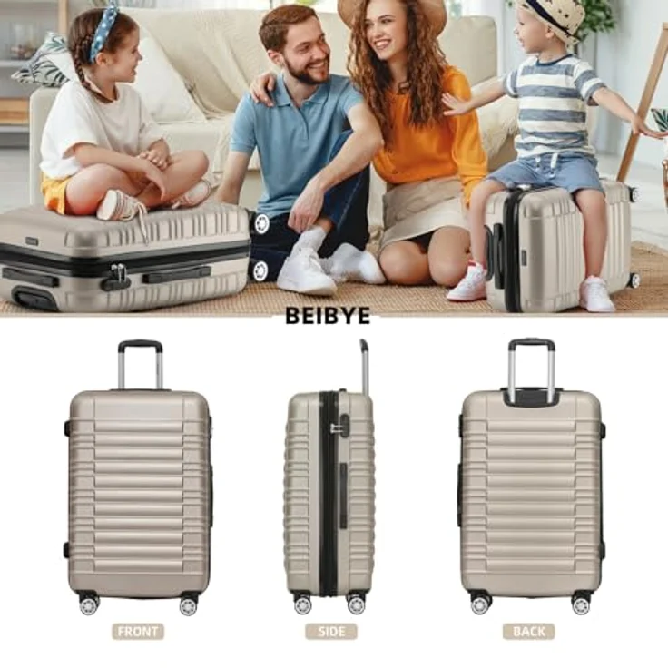 BEIBYE Hartschalen Koffer Trolley Kofferset, 3-teilig mit Zwillingsrollen, Champagner, erweiterbar, inkl. integriertes Zahlenschloss – Bild 2