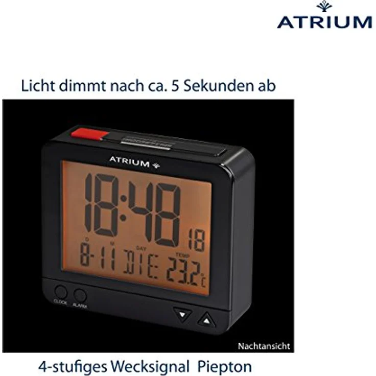 Atrium A760-7, Digitaler Funkwecker mit sensorgesteuertem Nachtlicht, Temperatur- und Datumsanzeige, schwarz – Bild 5