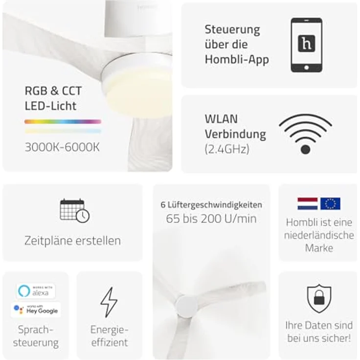 Hombli Smart Deckenventilator mit LED Licht, App- und Fernbedienung, Weiß mit Holzoptik, 132 cm, leise, WLAN, für Räume bis 12 m² – Bild 2