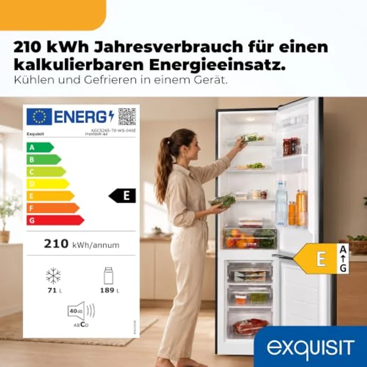 Exquisit KGC5265-70-WS-040E, Kühl-Gefrierkombination 260 l mit Wasserspender, 71 l Gefrierfach, Energieklasse E, LED-Beleuchtung, schwarz – Bild 2