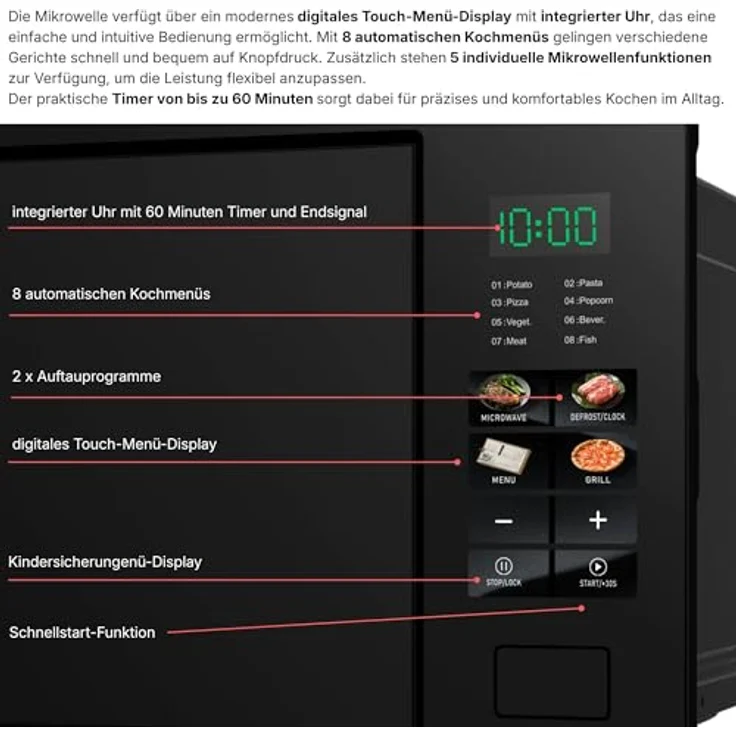 KB ELEMENTS 60 cm Einbaumikrowelle, 25 Liter Garraum, 1320 Watt Gesamtleistung, Full-Touch-Display, Edelstahl Innenraum, Glasrahmen – Bild 4