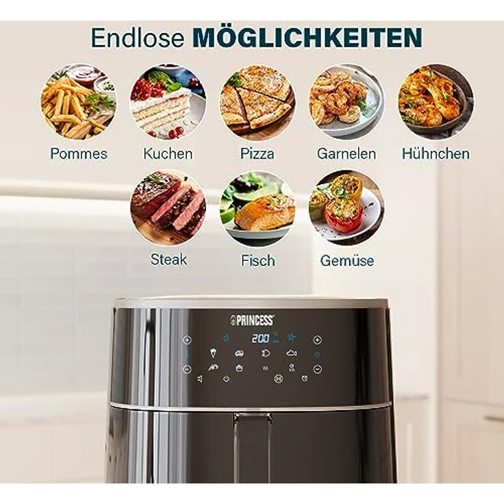 Princess Digitale Heißluftfritteuse – Füllmenge des Behälters variierbar – 8 L maximal – 6 voreinstellbare Programme – Weniger Öl – Digitaler Display – Bild 2