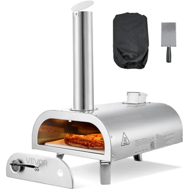 VEVOR 12 Zoll Pellet-Pizzaofen, tragbarer Outdoor-Pizzaofen mit eingebautem Thermometer, Pizzastein, Schaufel und Tragetasche, Edelstahl silber, für Garten und Camping – Bild 1
