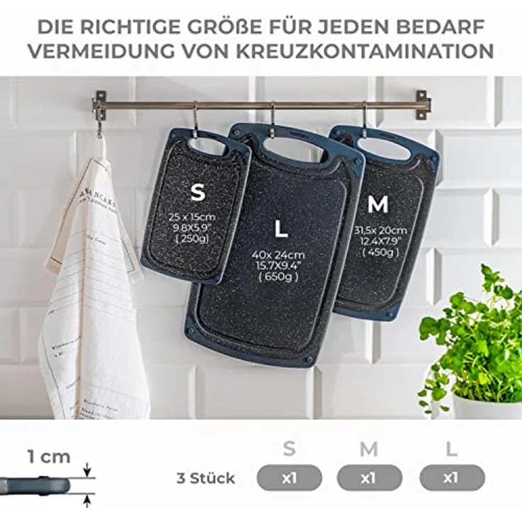Exitoso Schneidebrett 3er Set Saftrille - Schneidebrett spülmaschinenfest Brettchen rutschfest - Marmoroptik dunkel Schneidebrett Kunststoff BPA frei Schneidebretter Kunststoff groß Schneidebrett Set – Bild 3