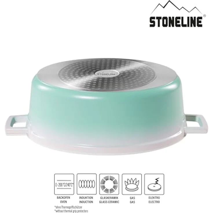 STONELINE Cocotte Bräter mit Deckel Induktion 32 cm, 6,6 L, Aluguss Topf beschichtet mit echten Steinpartikeln, Bratentopf Schmortopf mit Deckel Backofengeeignet, für alle Herdarten, Mint – Bild 2