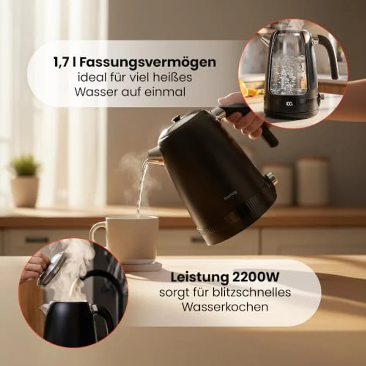 Huslog Elektrischer Wasserkocher Retro Edelstahl mit Temperaturanzeige, 1,7L, 2200W, 7-stufige Temperaturregelung – Bild 2
