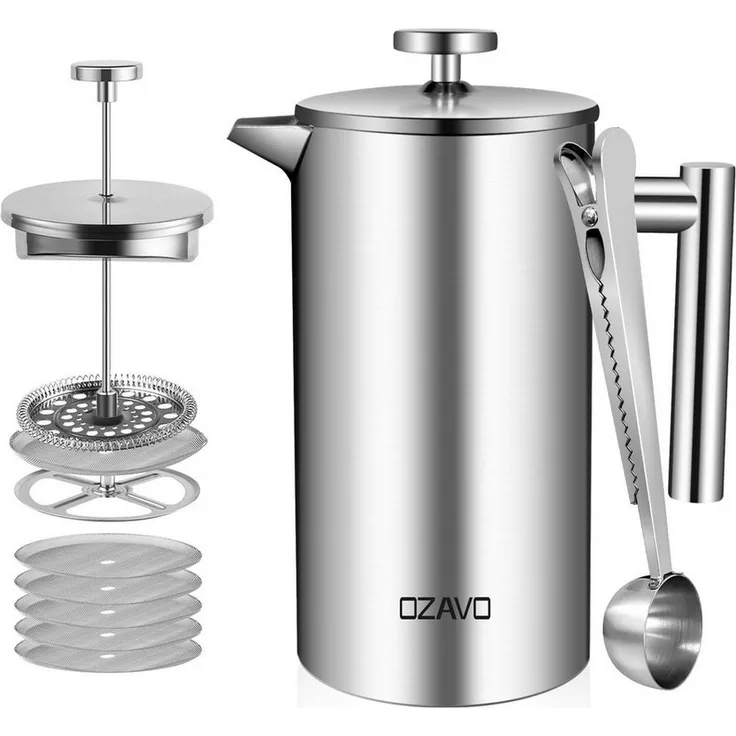 OZAVO Kaffeebereiter French Press 1000ML, Doppelwandige Edelstahl Kaffeekanne mit 5 Ersatzfiltern und Löffel, Silber