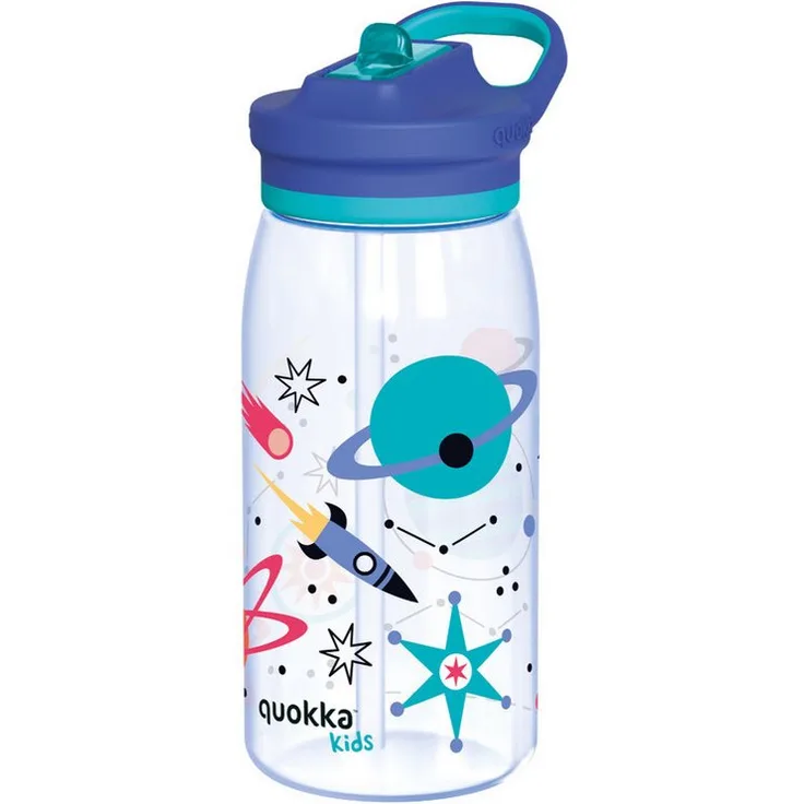 Quokkabottle Glow Kids Trinkflasche SPACE, 580 ml, Einwandige Ecozen Flasche mit Trinkhalm und Tragekupplung, Mehrfarbig