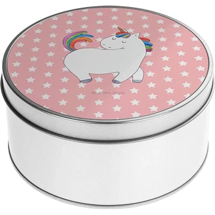 Mr. & Mrs. Panda Blechdose rund Einhorn Stolzieren - Rot Pastell - Metalldose für Kekse und Geschenke - Einhorn Deko – Bild 1