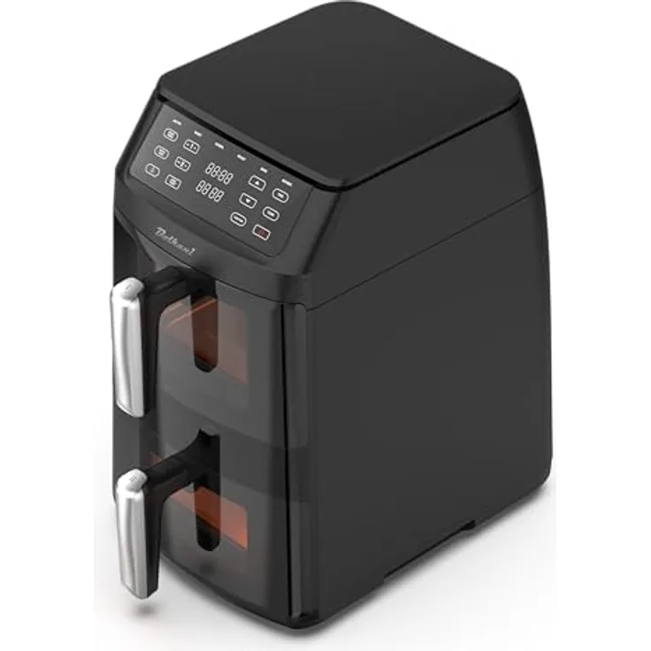 Bolkani Doppelkammer Heißluftfritteuse, 2500W Vertikale Double Stack Airfryer mit Sichtfenster, 11L, 6 Funktionen, Innenbeleuchtung, Antihaft-Beschichtung, Schwarz-Silber
