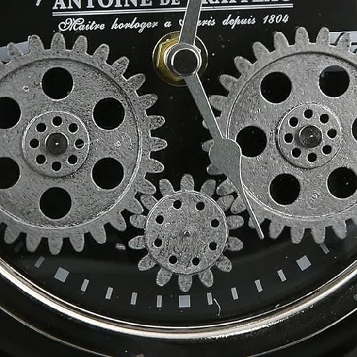 Casablanca Transmission Uhr, Wecker aus Metall/Glas, schwarz/ silber mit bewegenden Zahnrädern, Höhe 25 cm – Bild 3
