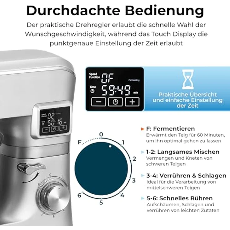 KLAMER Küchenmaschine Classic 1400 W, 5,5 L Edelstahlschüssel, Knet-, Rühr- & Schneebesenaufsatz, Timer & LED-Display, stabile Saugnapffüße, ideal für Brot-, Kuchen- & Pizzateig – Bild 3