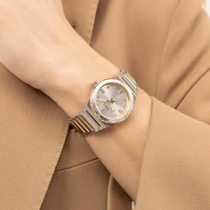 BOSS Quarzuhr CANDOR LADIES SPORT 1502790, Damenuhr mit analoger Anzeige, Edelstahlarmband in Silber und Gold, Zifferblatt mit Glassteinen, spritzwassergeschützt – Bild 4