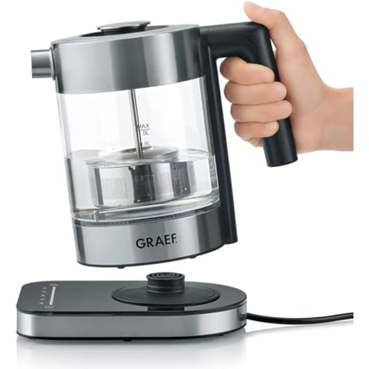 Graef WK 350 Wasserkocher, 2000 Watt, 1 Liter, Kalkfilter, Warmhaltefunktion, Temperatureinstellung, schwarz, transparent – Bild 3