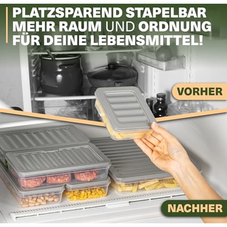 VIWARES Stapelbare Gefrierdosen 9er Set, Lebensmittellagerung für Kühlschrank und Gefrierfach, Frostfest bis -25°C, wiederverwendbar, Grau – Bild 7