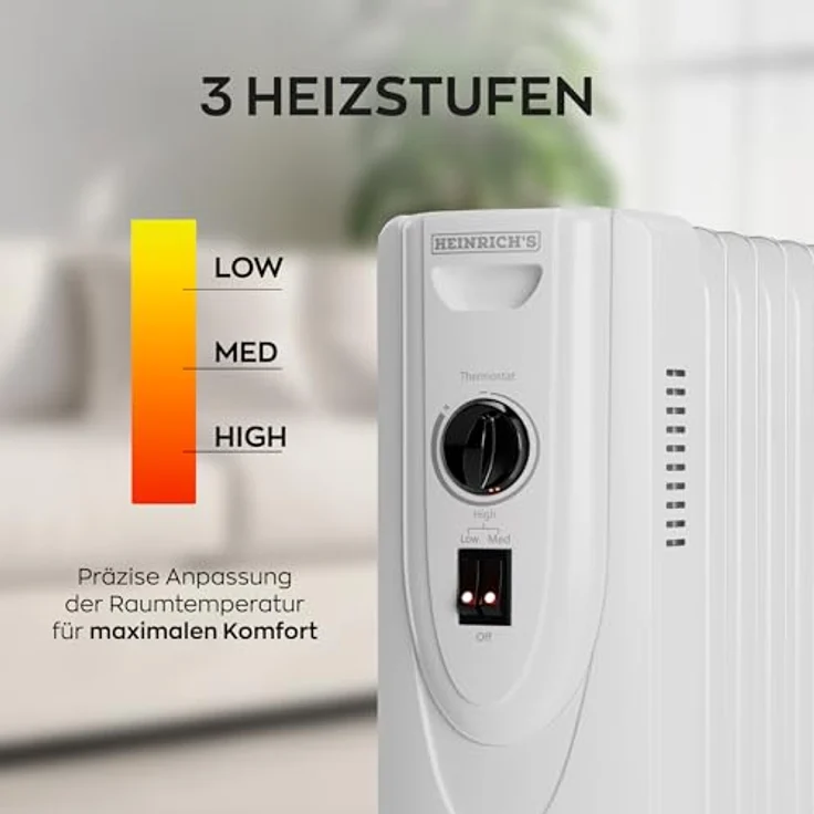 Heinrich´s Ölradiator 2500W, 11 Rippen, Elektrischer Heizkörper mit 3 Heizstufen, stufenlosem Thermostat, Überhitzungsschutz, Kippschutz und Handtuchhalter, leise für Büro & Zuhause – Bild 4