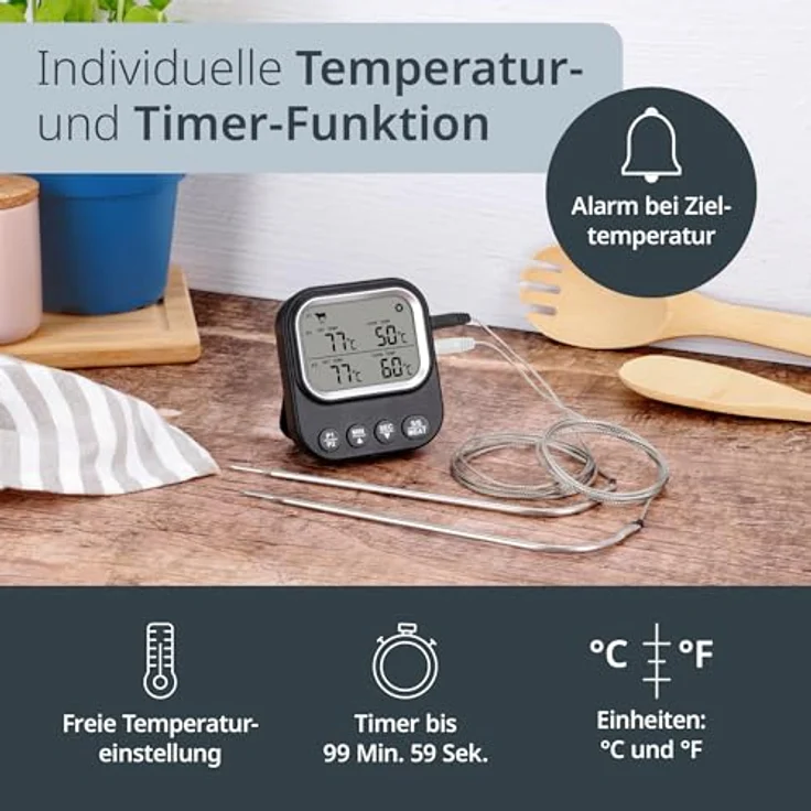 ADE Bratenthermometer, digitales Fleischthermometer mit 2 Messfühlern, bis 250 °C, inkl. Batterien und Schutzkappen – Bild 3