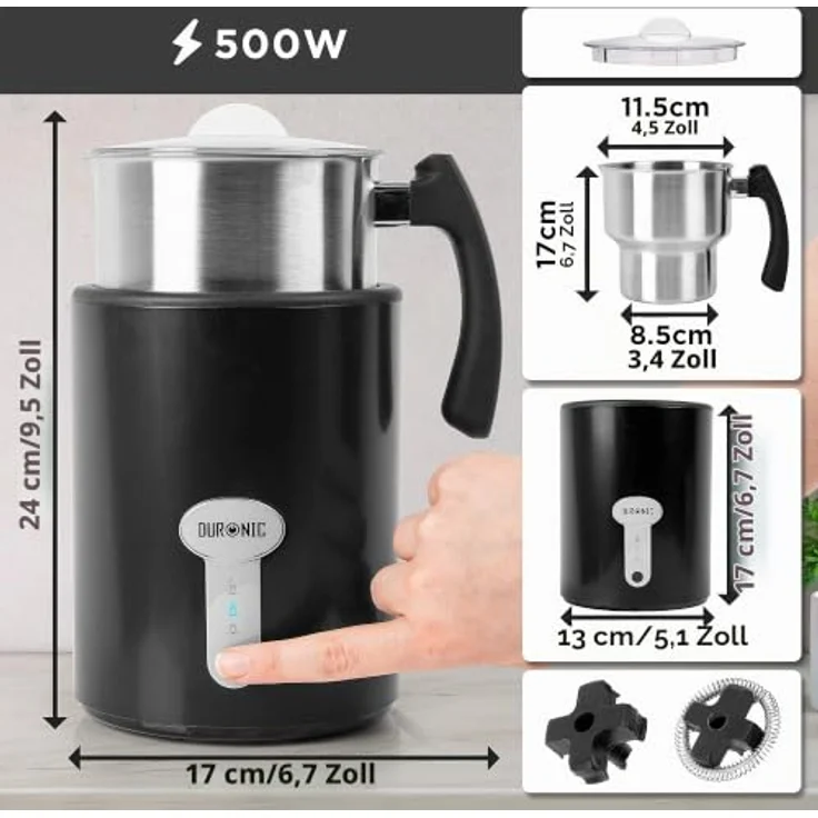 Duronic MF500 BK elektrischer Milchaufschäumer, Induktions-Technologie, 550 Watt Leistung, 360-Grad drehbare Basis, für alle Milchsorten – Bild 3