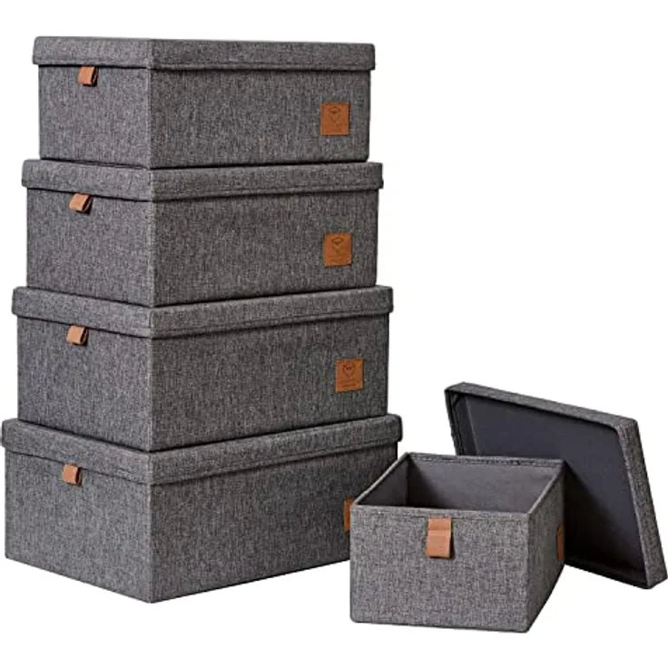 LOVE IT STORE IT Premium Aufbewahrungsboxen mit Deckel 5-teilig - Boxen-Set aus hochwertigem Stoff, sehr stabil - Grau - 5 verschiedene Größen