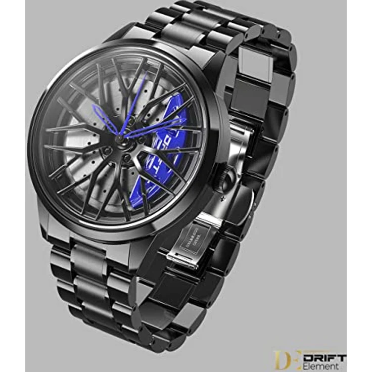 DriftElement Motorsport Felgenuhr Herren - Sportwagen Männer Armbanduhr im 3D Design der Sternspeichen M8 Felge aus Edelstahl - Custom Designer Uhr mit Mineralglas (Blau) – Bild 2