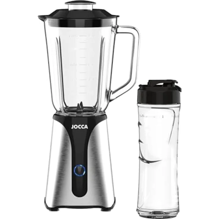 Jocca Glasmixer mit Reiseflasche, 350 W Leistung, 1 l Krug, 600 ml Flasche, LED-Licht, abnehmbarer Deckel, Edelstahlklingen, BPA-frei