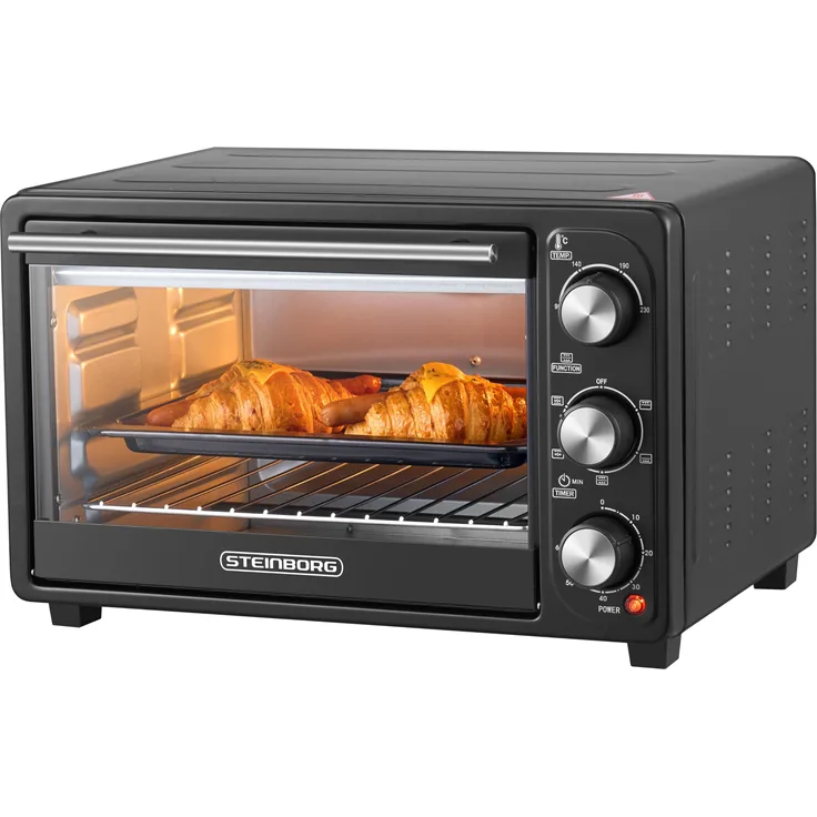 Steinborg Mini Backofen 1500W – Elektrischer Tischbackofen mit Umluft, 6 Heizfunktionen, 90–230 °C, 60 Min Timer, Innenbeleuchtung und Zubehör