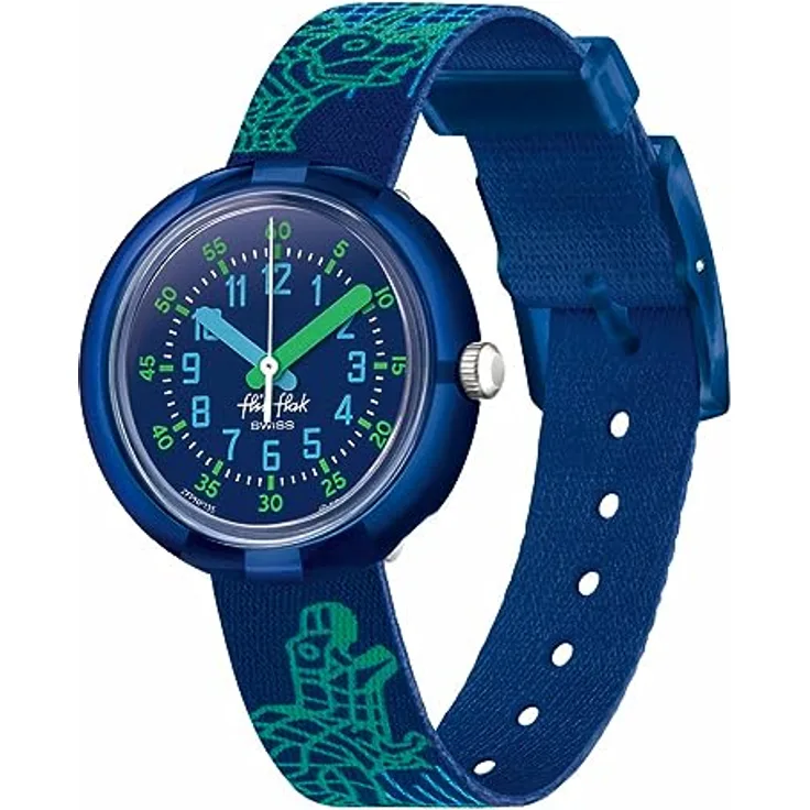 FLIK FLAK Cyberozaurus Kinder-Armbanduhr FPNP135, 31.85 mm Durchmesser, Bio-basierter Kunststoff, Wasserdicht 3 Bar, Blau