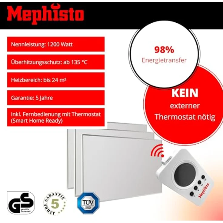 Mephisto Infrarot Heizung energiesparend 1200W inkl. Fernbedienung und Thermostat WIFI APP Steuerung, Wand- Decken-Standheizung in Weiß – Bild 3