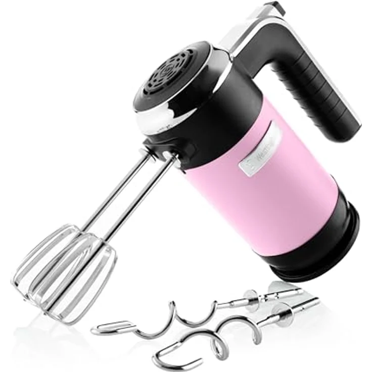 Westinghouse Retro Handmixer, 5 Geschwindigkeitsstufen + Turbofunktion, 2 Rührbesen, 2 Knethaken, LCD-Anzeige, Timer, Sockelboden, Aufbewahrungstasche, 350 Watt, pink – Bild 2