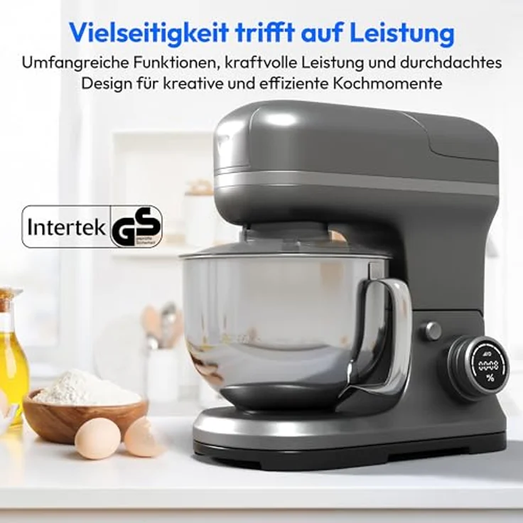 MEDION 3 in 1 Universal Küchenmaschine (Digital, 1.200 Watt, 8 Stufen, Mischen Kneten Rühren Mixen Fleischwolf, digitales Touch Display) Titan – Bild 2