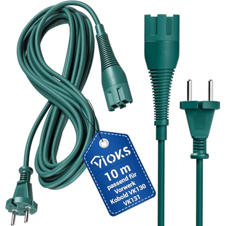 VIOKS Anschlusskabel 10 m Stromkabel Ersatz für Vorwerk Kobold VK130 VK131, Rundkabel mit Konturenstecker, ideal für größere Haushalte, Schwarz – Bild 1