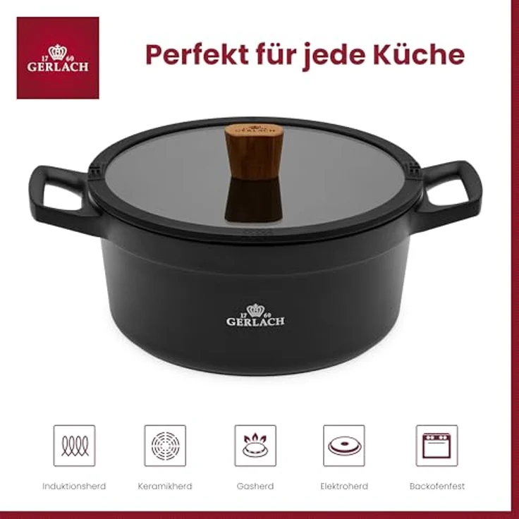 Gerlach 1760 Natur Topf Keramik-Kochtopf Induktion Induktionstopf Kochgeschirr 24 cm, Schwarz mit Ilag Xera Dur 2 Antihaftbeschichtung – Bild 3