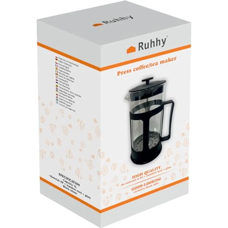 Ruhhy French Press Teebereiter mit dreifachem Edelstahlfilter für losen Tee Kaffeepresser 1 Liter Hitzebeständiges Glas in Schwarz – Bild 5