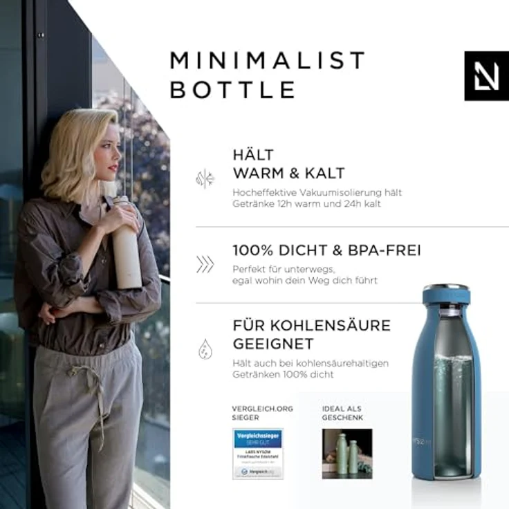 LARS NYSØM Edelstahl Trinkflasche 350ml, 500ml, 750ml, 1L, 1 5 liter | BPA-Frei Thermosflasche Kohlensäure geeignet | Auslaufsichere Wasserflasche für Sport, Outdoor, Schule (Niagara, 350ml) – Bild 2