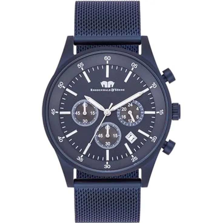 Rhodenwald & Söhne Herren Uhr 10010359, Quarz-Chronograph mit blauem Zifferblatt und Edelstahl-Milanaise-Armband, wasserdicht bis 5 ATM