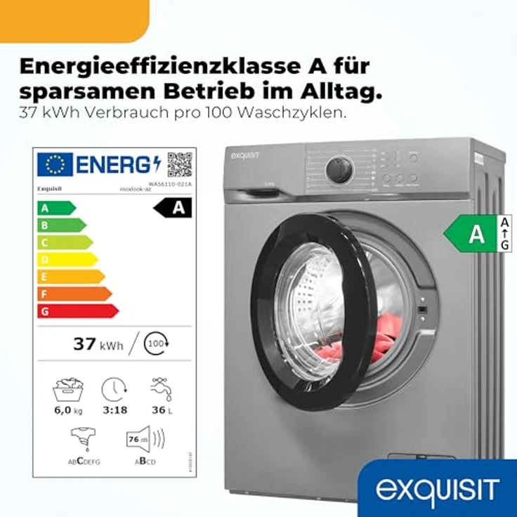 Exquisit WA56110-021A, schmale Waschmaschine 6 kg, Energieklasse A, 1000 U/min, Sportprogramm, leise 76 dB, inoxlook - Grau – Bild 2