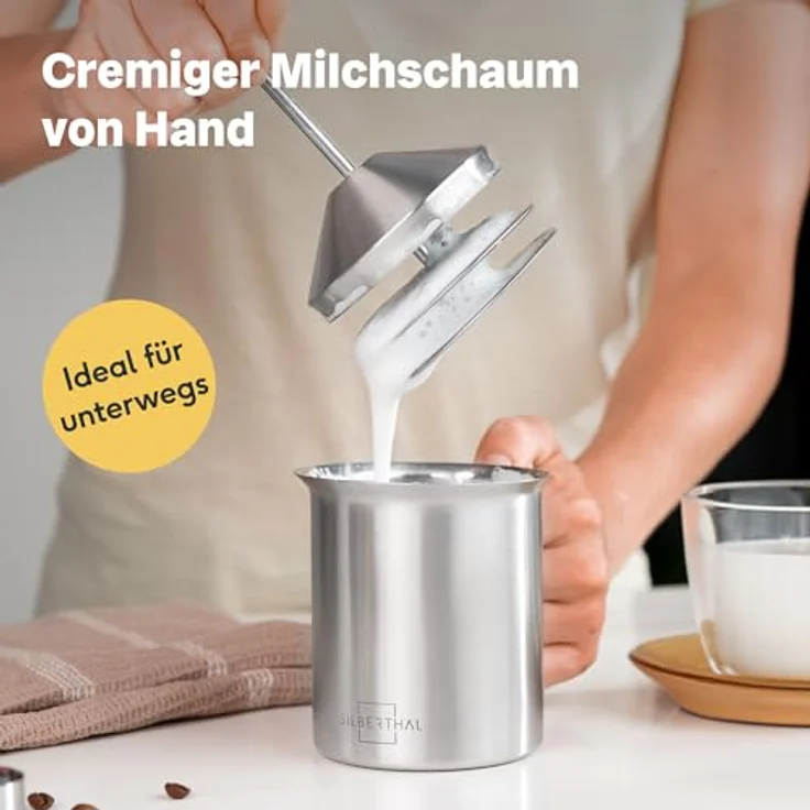 SILBERTHAL Milchaufschäumer Manuell Edelstahl - 400ml - Perfekter Milchschaum dank doppeltem Sieb und speziellem Drückmechanismus - Preisvergleich – Bild 2