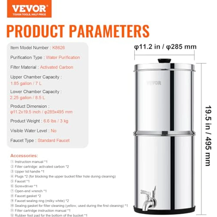 VEVOR Schwerkraft Wasserfiltersystem, Edelstahl 7 L + 8,5 L, reduziert Blei und bis zu 99 % Chlor, mit 2 Kohlefiltern und Zapfhahn – Bild 7