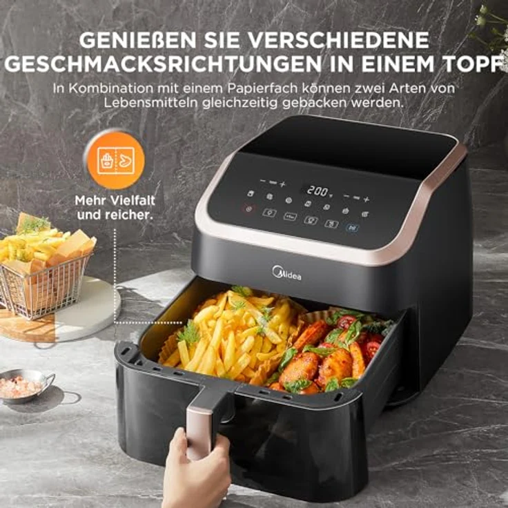 Midea Heißluftfritteuse XXL AirFryer 8.5L, 8-in-1 mit Sichtfenster, max 200°C, Öl-frei, Touchscreen, energiesparend, Antihaftmaterial – Bild 3
