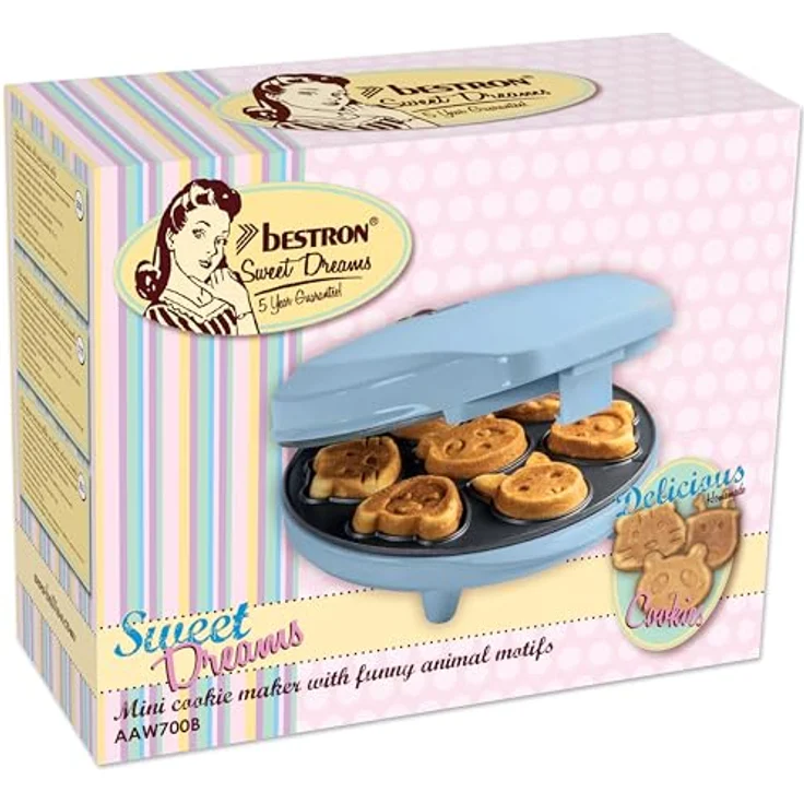 Bestron Waffeleisen für Mini-Cookies, Mini-Cookie-Maker in Tiermotiven, Waffeleisen für Mini-Waffel-Kekse, mit Backampel & Antihaftbeschichtung, 700 Watt, Farbe: Blau – Bild 5