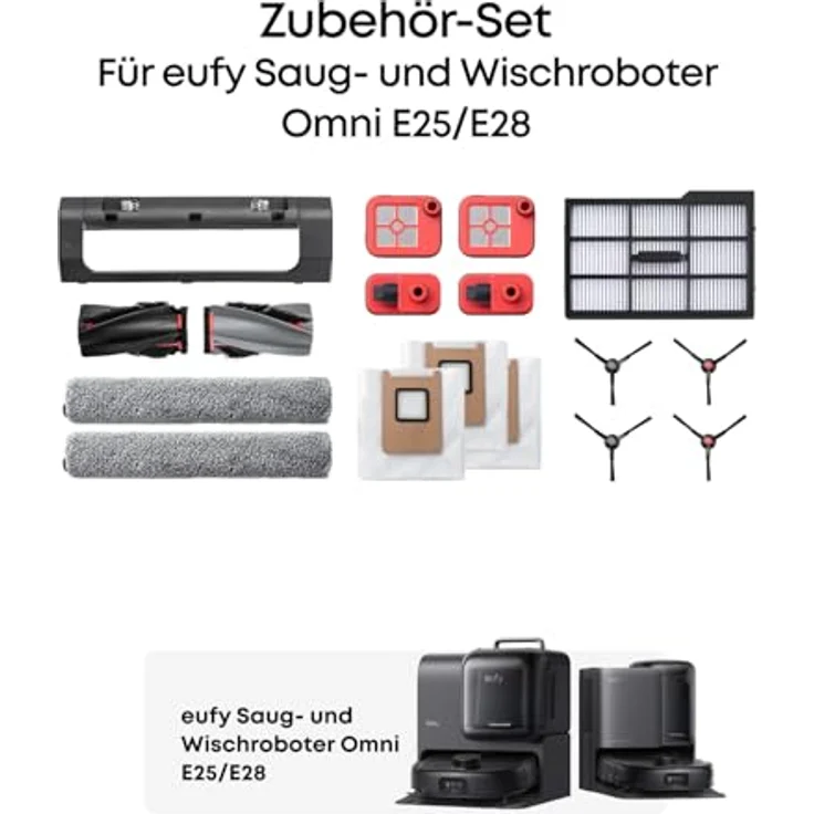 eufy Zubehörset für Saugroboter E25/E28, 2x Seitenbürsten, Rollbürste, Luftfilter, Schmutzwassertank-Filter, inkl. 3 Staubbeutel – Bild 2