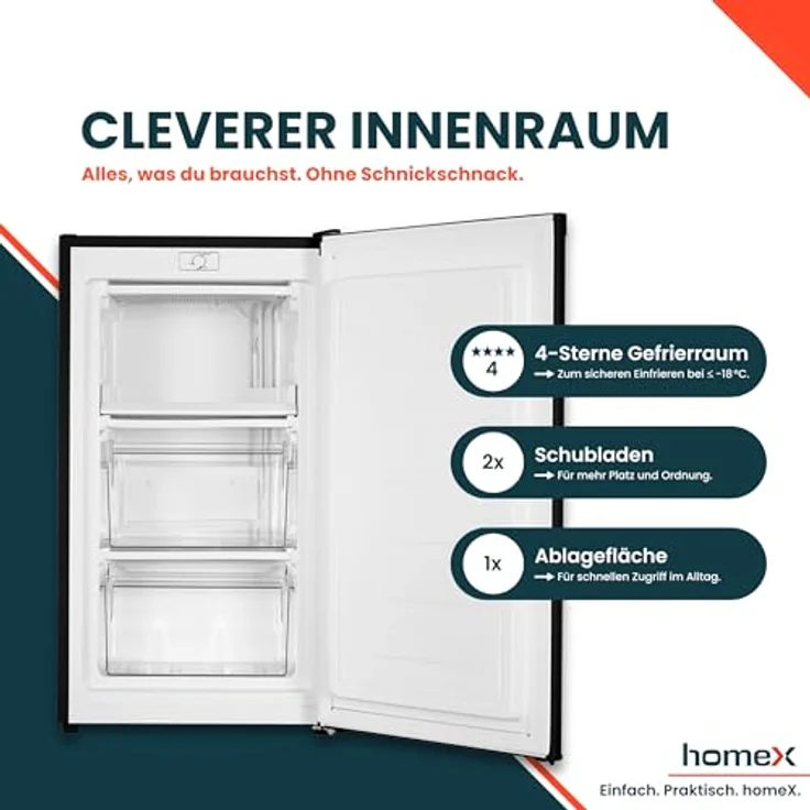 homeX FS1016-B, Gefrierschrank mit 60L Nutzinhalt, 4-Sterne Gefrierleistung, freistehend, schwarz – Bild 3