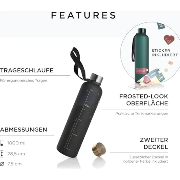 LARS NYSØM Trinkflasche 1l | Wasserflasche BPA-frei | Ultraleichte Tritan Sport Flasche auslaufsicher, Kohlensäure geeignet - für Sport, Büro, Yoga | 2 Deckel inkludiert (Onyx Black - Gold, 1000ml) – Bild 4