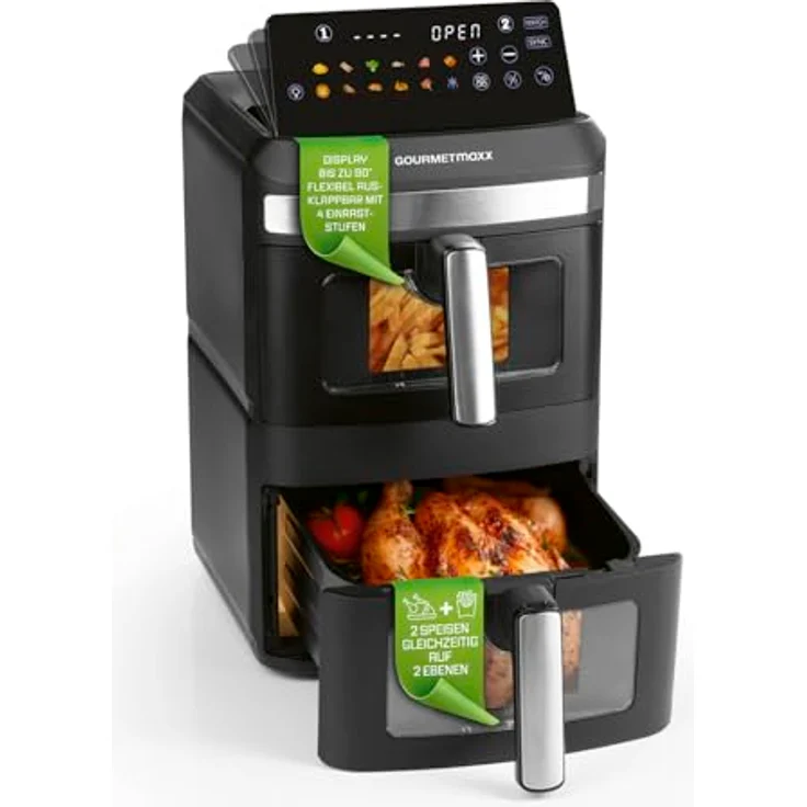 GOURMETmaxx FryUp XL, vertikale Doppelkammer Heißluftfritteuse mit 12 L und Sichtfenster, 2800 W, schwarz, mit 9,6 Zoll Multi-Colour LED-Touchdisplay & 12 Programmen – Bild 1