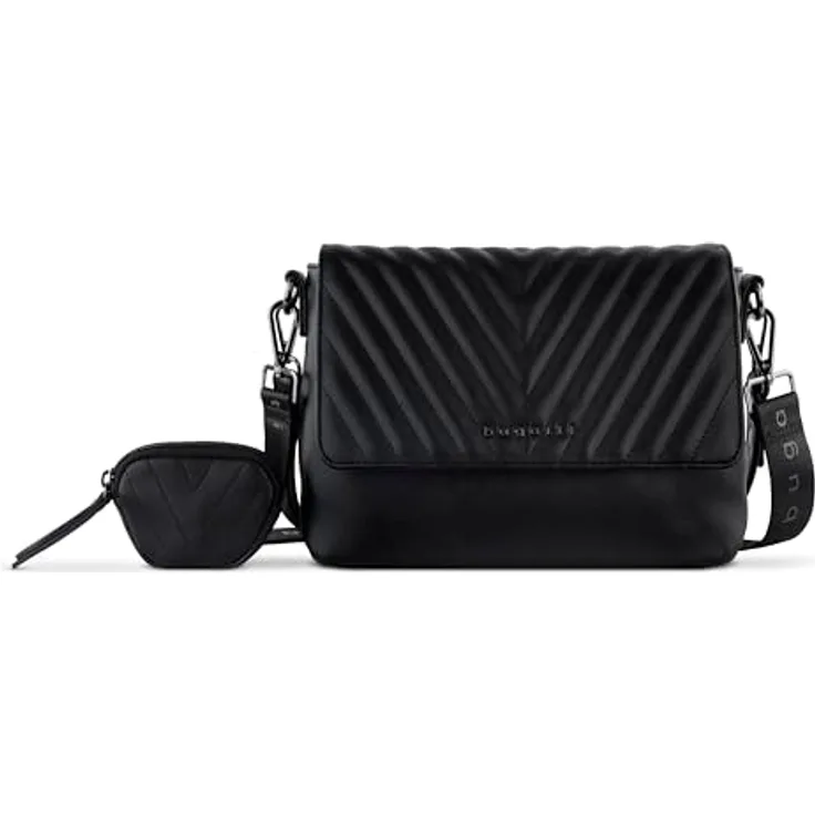 Bugatti Bodybag Sira Crossover Bag Large II, stylishe Umhängetasche aus Kunstleder mit V-Steppung, schwarz
