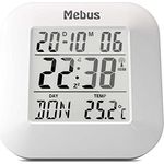 Mebus digitaler Funk-Wecker mit Thermometer, Datumsanzeige und Beleuchtung, Snooze-Funtion, Kunststoff, Weiß, 8 x 8,5 x 1,8 cm