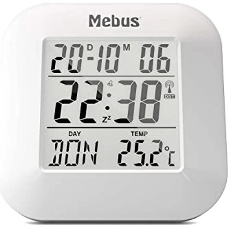 Mebus digitaler Funk-Wecker mit Thermometer, Datumsanzeige und Beleuchtung, Snooze-Funtion, Kunststoff, Weiß, 8 x 8,5 x 1,8 cm – Bild 1